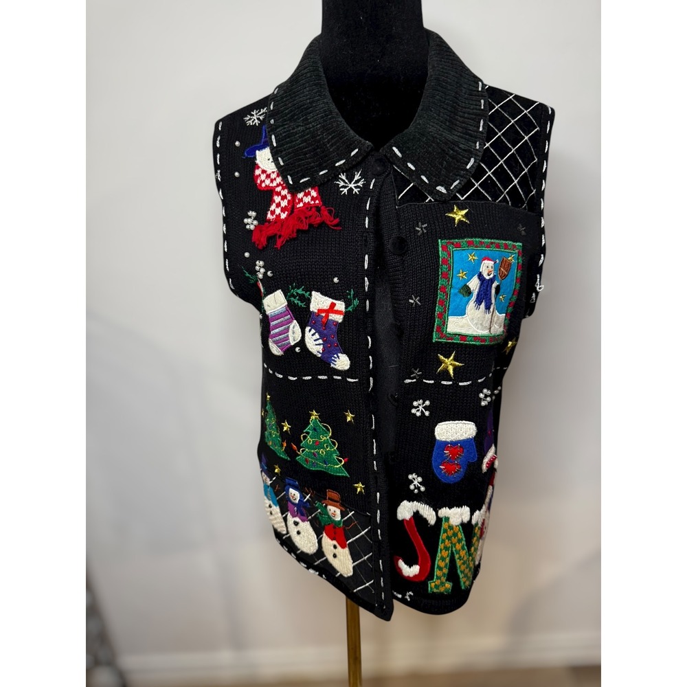 Vintage Grandma Studio Joy Ugly Christmas Embroidered Vest Womens Small Holiday - Picture 2 of 7